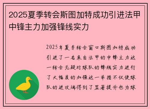 2025夏季转会斯图加特成功引进法甲中锋主力加强锋线实力 2025夏季转会斯图加特成功引进法甲中锋主力加强锋线实力